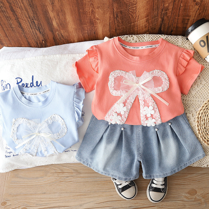 Girls' Short-Sleeve Outfit with Big Bow 1-4 Year Olds, Baby Clothes, Children's Wear, Lightweight Summer Clothing for Toddlers