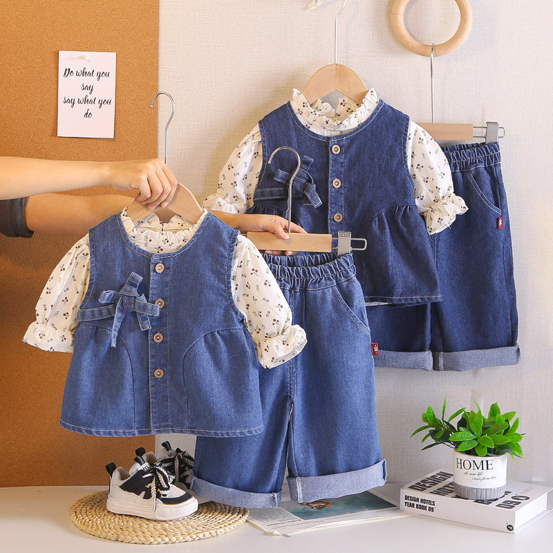 Girls' Floral Denim Spring and Autumn Vest Set 2026 Baby Stylish New Fashionable Children's Three-Piece Trendy Outfit