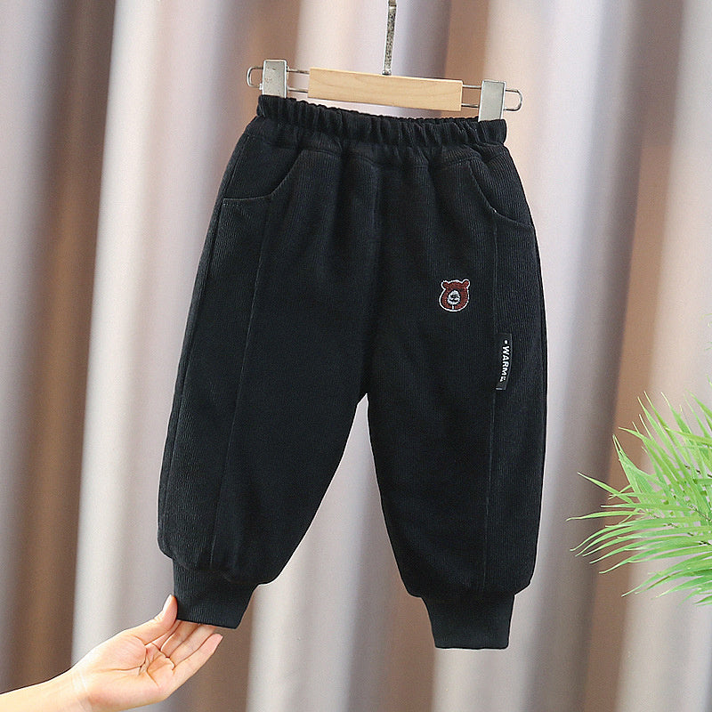 Side Label Bear Head Cotton Thickened Baby One-Piece Boys' Winter Quilted Casual Pants Trendy
