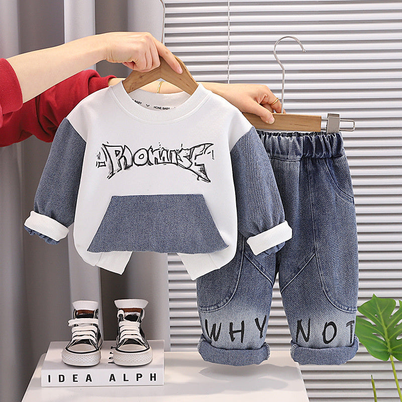 Boys' Outfit 2026 New Fashionable Denim Pocket Sweatshirt Set Baby Autumn Stylish Trendy Infant Children's Fashion