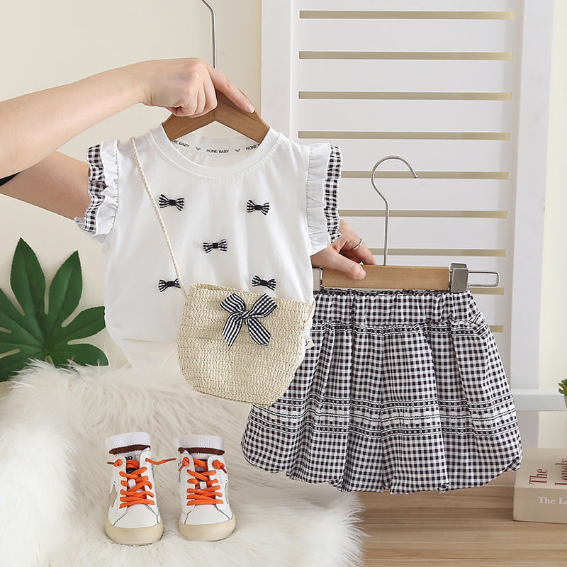 Girls' Outfit: Stylish and Fashionable Children's Clothing, Summer Bow Short-Sleeve Two-Piece Set for 1-Year-Old Baby Girls
