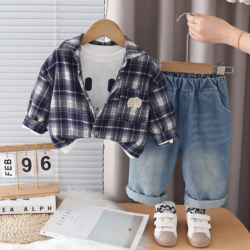 Boys' Outfit 2026 New Children's Casual Plaid Shirt Three-Piece Set for Boys, Trendy Cool Spring and Autumn Wear