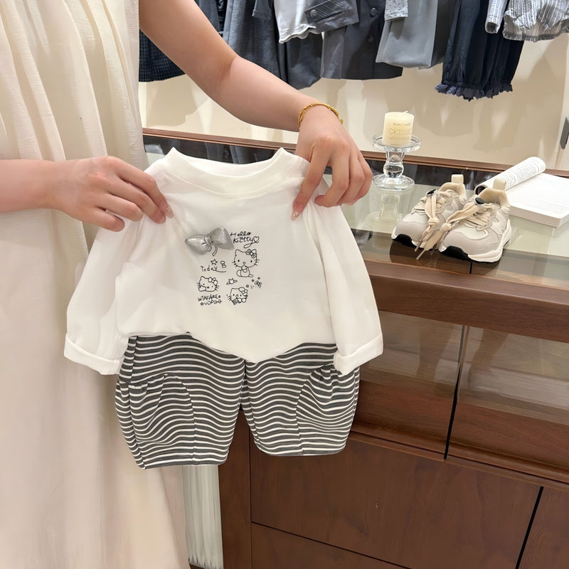 Girls' Striped Outfit 2026 New Fashionable Baby Girl Two-Piece Set in Milky White with Cat Print for Spring and Autumn