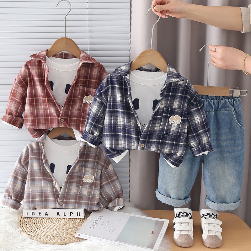 Boys' Outfit 2026 New Children's Casual Plaid Shirt Three-Piece Set for Boys, Trendy Cool Spring and Autumn Wear