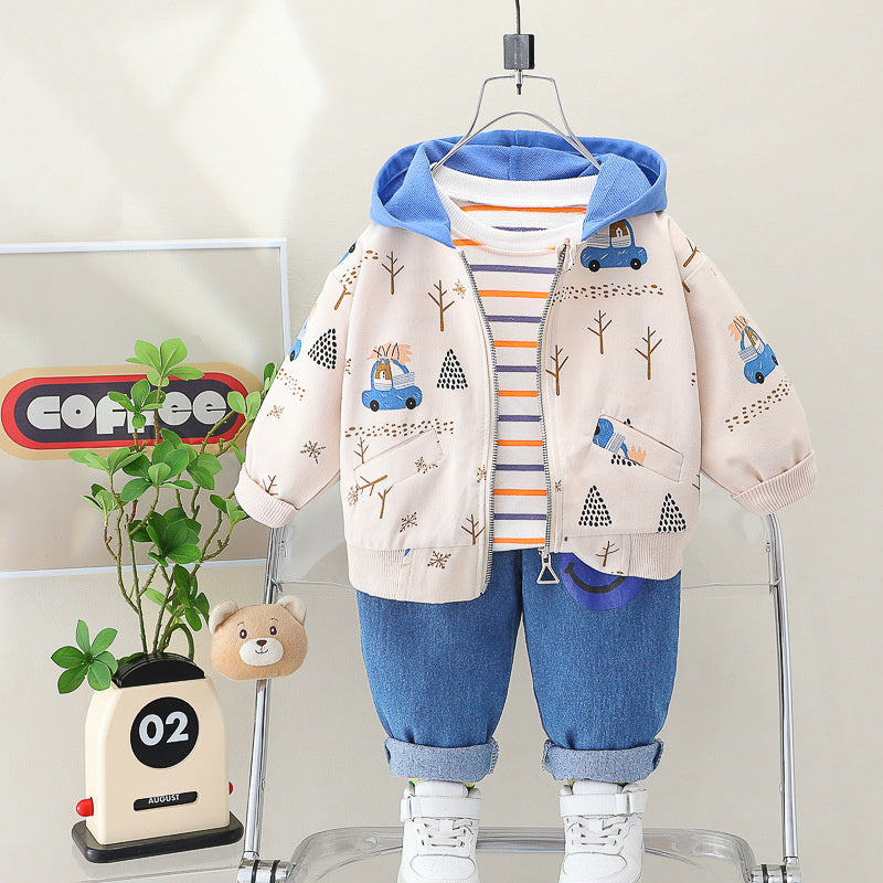 Boys' Autumn Outfit New Korean Version Zipper Hoodie Jacket Baby Stylish Three-Piece Set Wholesale Children's Clothing