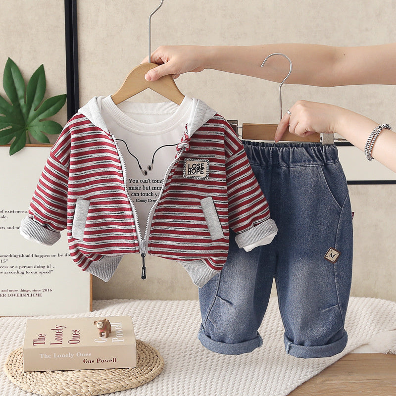 Boys' Outfit 2026 New Style Infant Children's Spring and Autumn Stylish Baby Boy Clothes Striped Hooded Three-Piece Set