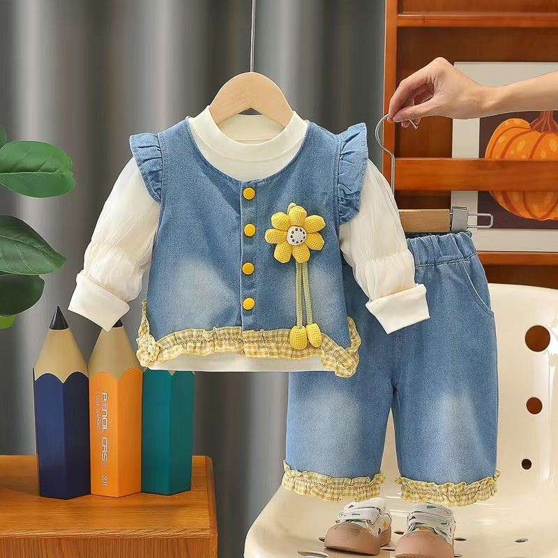 Girls' Outfit Set, Children's Floral Denim Clothes, Fashionable 1-2-3 Year Old Baby Spring and Autumn Three-Piece Set