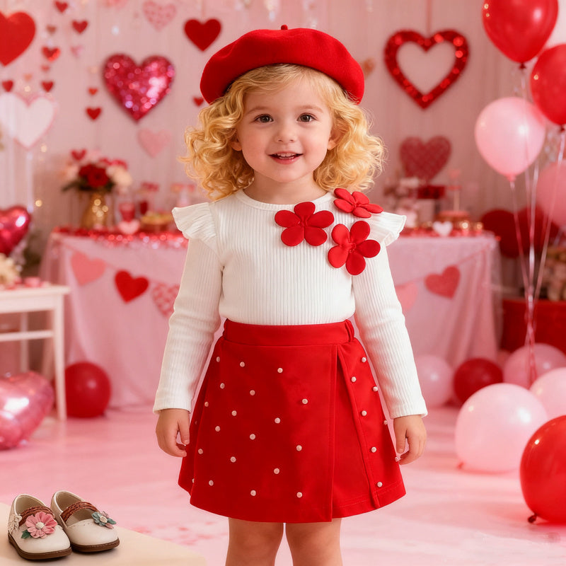 European and American Baby Sweet Girl Fashion Beret Embroidered Ribbed Top + Beaded Shorts Set Autumn Winter Skirt Pants