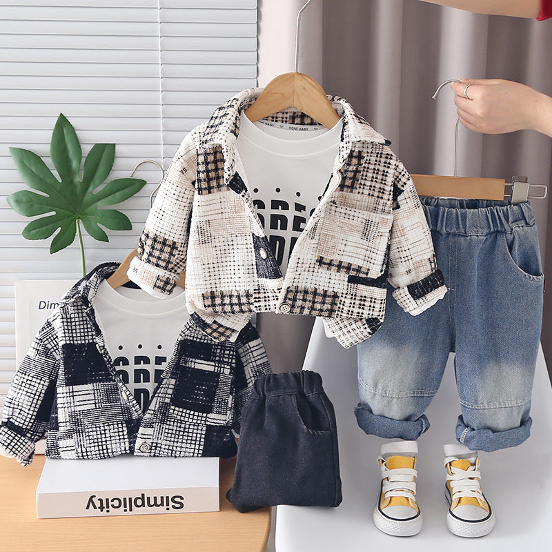Boys' Suit Autumn 2026 New Spring Black and White Plaid Three-Piece Set Baby Clothes Stylish Jacket Children's Clothing