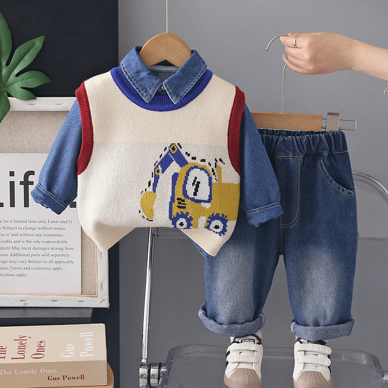 Boys' Autumn Outfit 2026 New Fashionable Spring-Autumn Children's Sweater Three-Piece Set Baby Clothes Wholesale