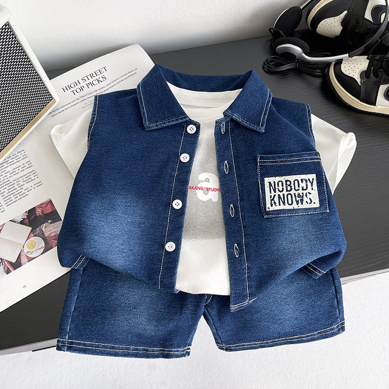 Boys' Outfit Baby Summer Set for 1-2-3-5 Year Old Boys, English Denim Vest Three-Piece Trendy Children's Clothing