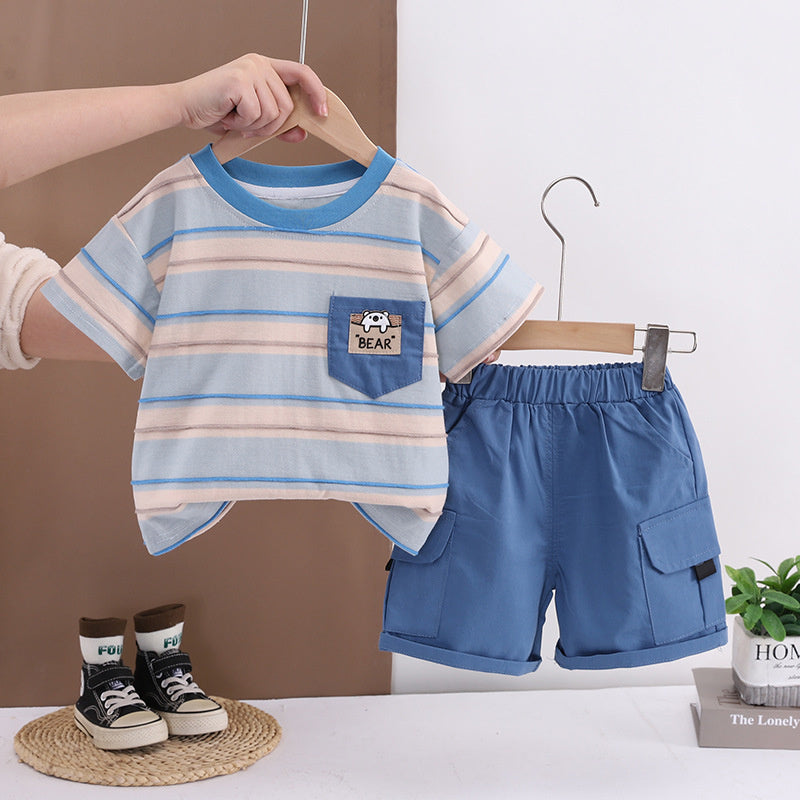 Children's clothing boys' outfit 2026 new style children's summer pocket striped short-sleeve two-piece set baby clothes
