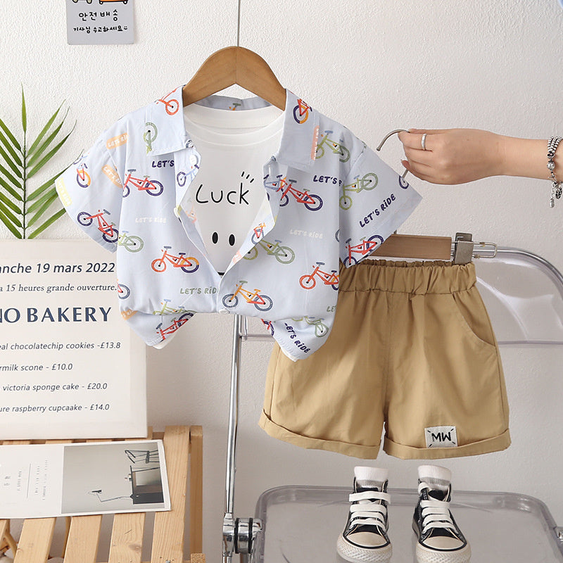 Boys' Outfit 2026 New Fashionable Baby Bicycle Short-Sleeve Shirt Three-Piece Set Summer Clothes Children's Wear