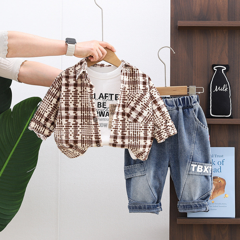 Baby clothes spring, stylish fashionable casual polka dot plaid shirt jacket set for one-year-old boys, spring and autumn wear