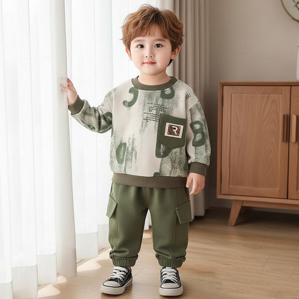 Boys' Spring and Autumn 2026 Casual Outfit, New Style for Boys Aged 1-5, Long-Sleeve Full-Print Letter Sweatshirt Two-Piece Set