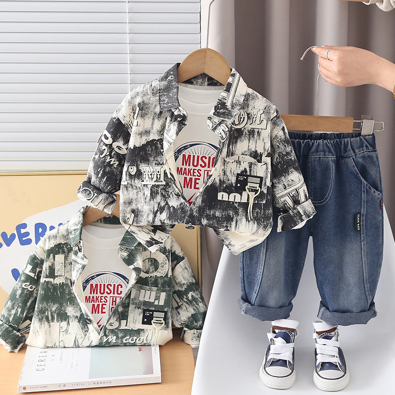 Boys' Suit and Autumn Style Baby Spring 2026 New Fashionable Letter Print Jacket Three-Piece Casual Children's Outfit