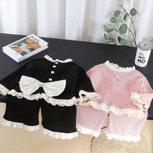 Girls' Autumn Outfit 2026 New Fashionable Baby Girl Spring/Autumn Two-Piece Set with Large Bow on the Back Trendy