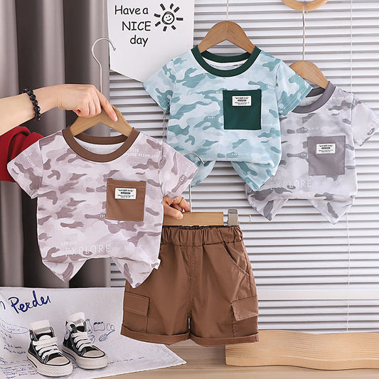 Boys' Short-Sleeve 2026 New Summer Outfit Baby Stylish Korean Version Children's Round Neck Pocket Two-Piece Set Trendy