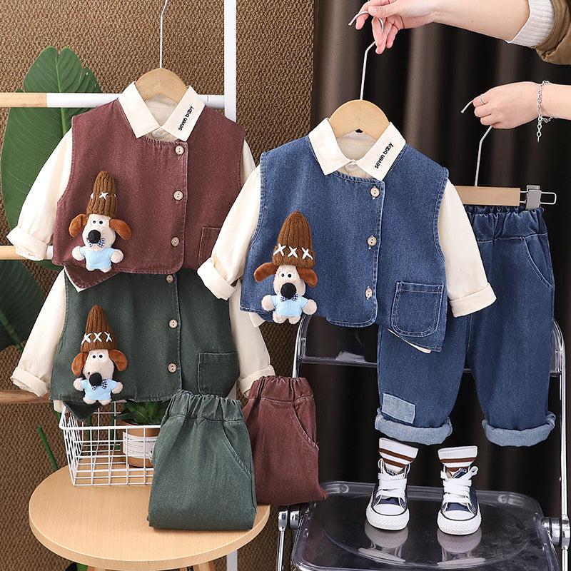 Children's Outfit Boys' Stylish Baby Doll Workwear Three-Piece Set Spring and Autumn Infant Toddler Clothing Trendy