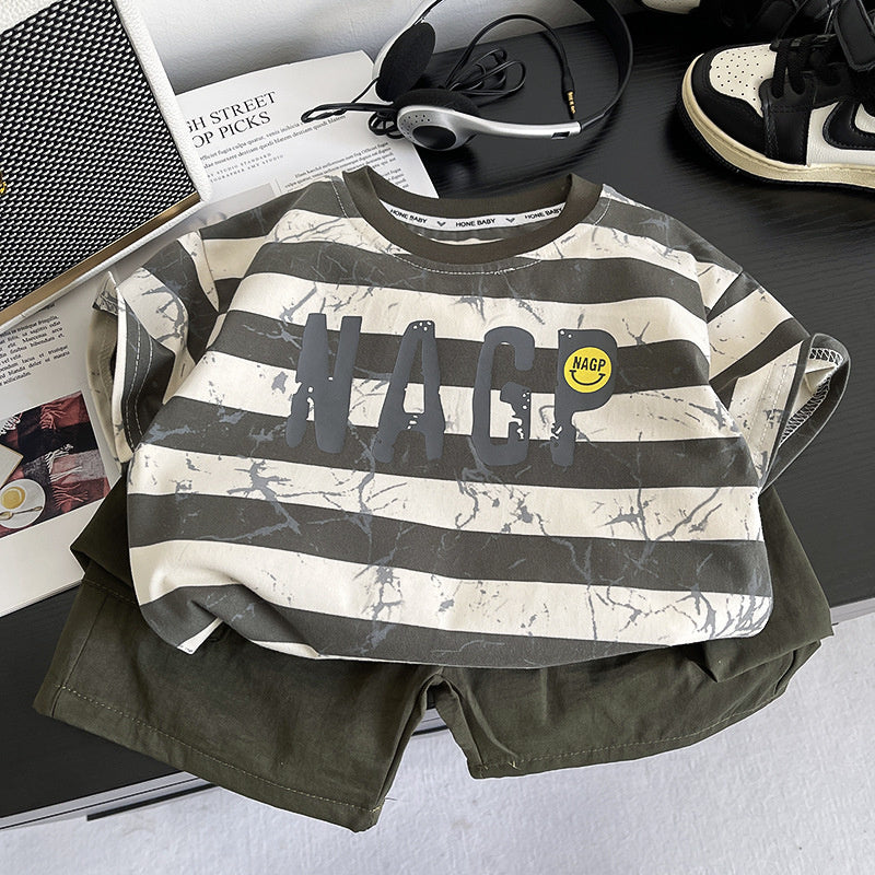 Boys' Outfit 2026 New Stylish Striped Smiley Face Short Sleeve Two-Piece Set Baby Summer Clothes Trendy Children's Wear