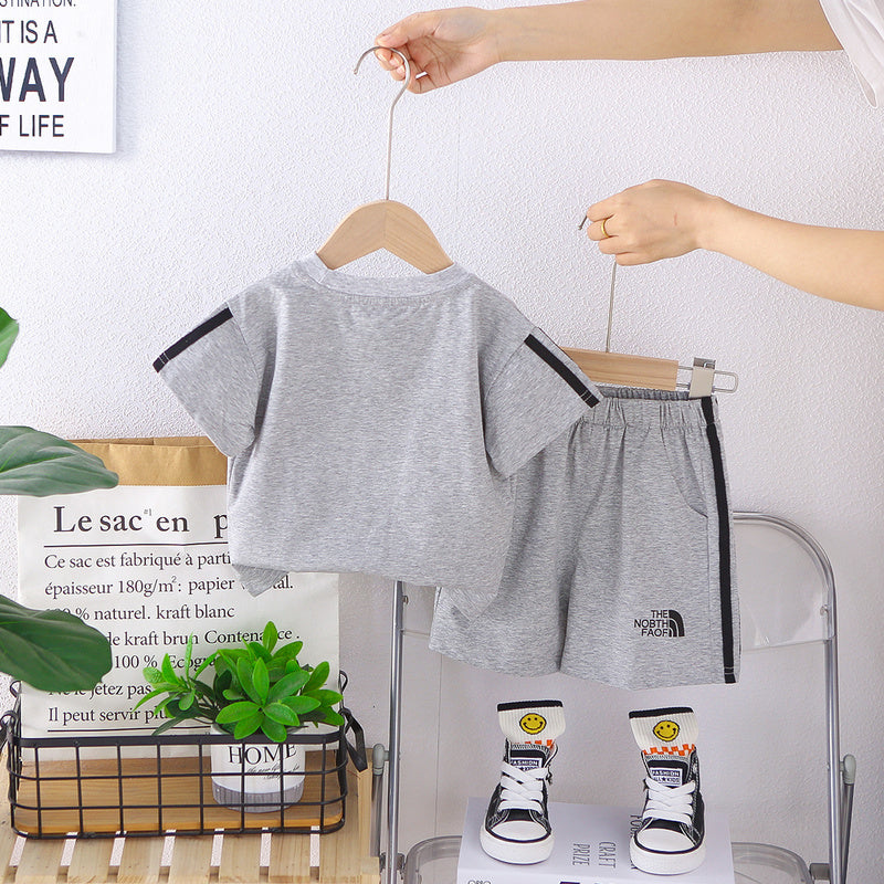 Children's 2026 Summer New Style Boys' Korean Version Casual Striped Round Neck Sports Two-Piece Set Short Sleeve Shorts