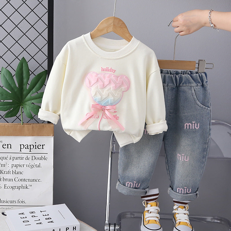 Girls' Outfit 2024 New Fashionable Baby Girl Spring and Autumn Sweet Bear Two-Piece Set Children's Sweatshirt