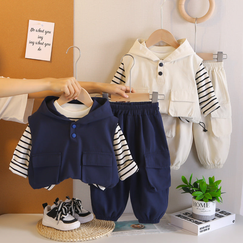 Children's Spring and Autumn 2025 New Stylish Boys' 0-5 Years Old Hooded Striped Workwear Vest Three-Piece Set