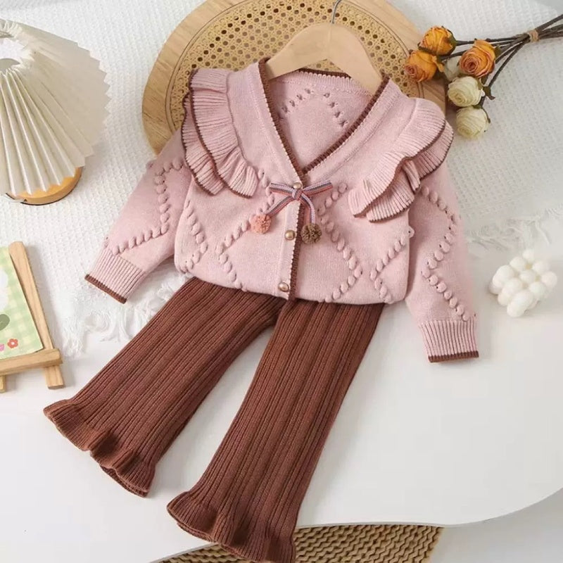 Girls' Sweater Autumn Winter New Baby Girl Ruffled Knitted Cardigan + Stylish Flared Pants Korean Style