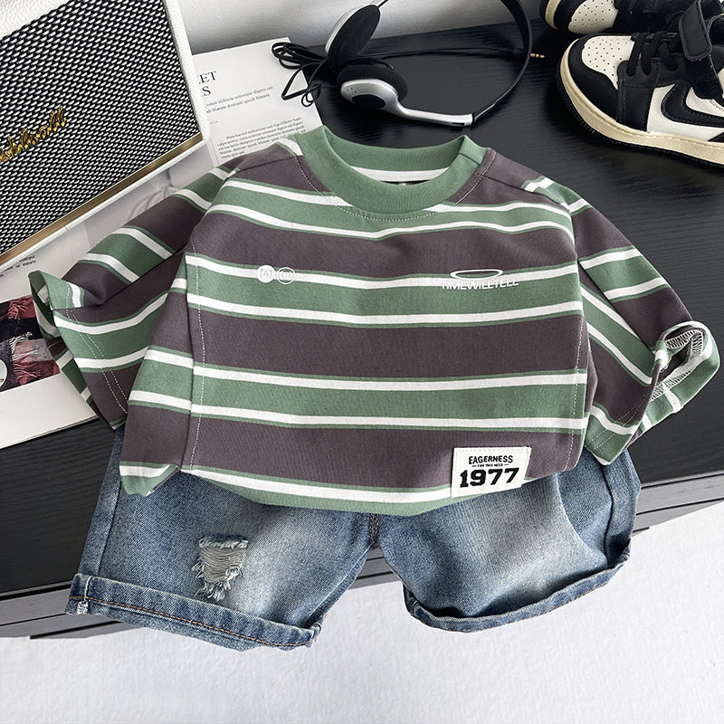 Boys' Summer Outfit 2026 New Fashionable Striped Short-Sleeve Denim Shorts Two-Piece Set for Toddlers