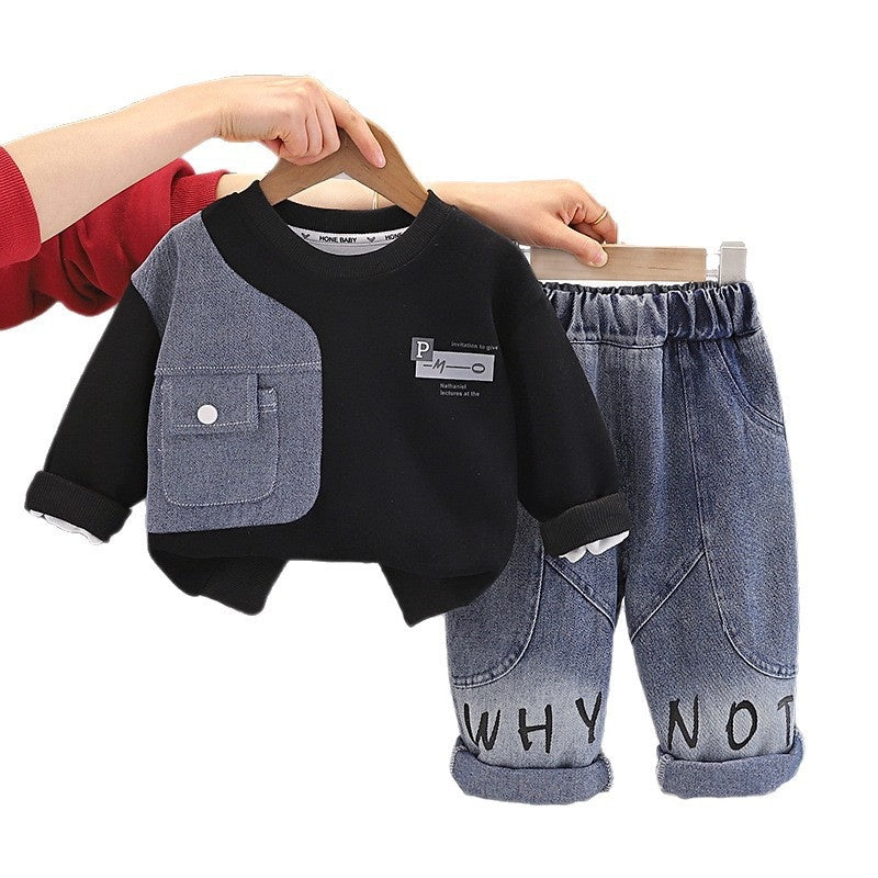 Boys' Autumn Outfit 2026 New Denim Patchwork Sweatshirt Two-Piece Set Stylish Toddler Clothes for Children