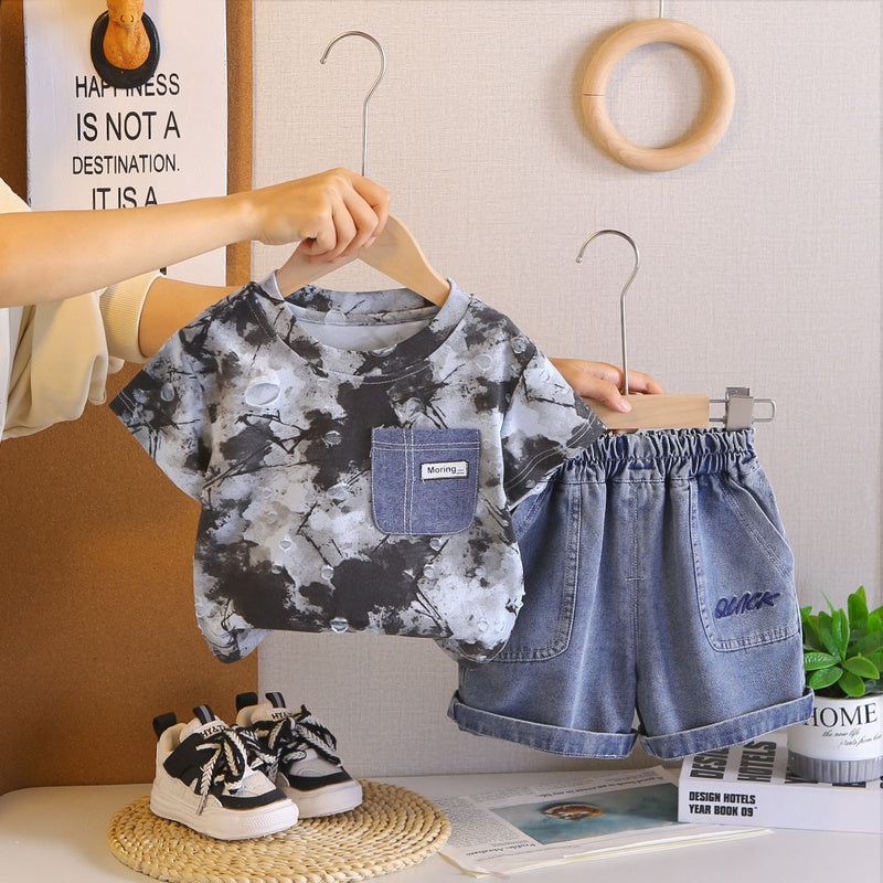Boys' Outfit 2026 New Style Infant Toddler Clothing Baby Boy Summer Camouflage Pocket Short Sleeve Two-Piece Set Trendy