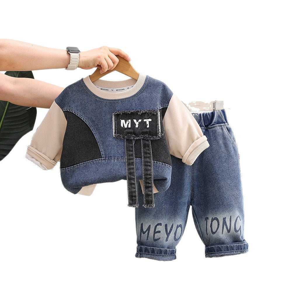 Boys' Outfit 2026 New Spring Autumn Clothes for Infants and Children, Denim Patchwork Round Neck Shirt Two-Piece Trendy Set