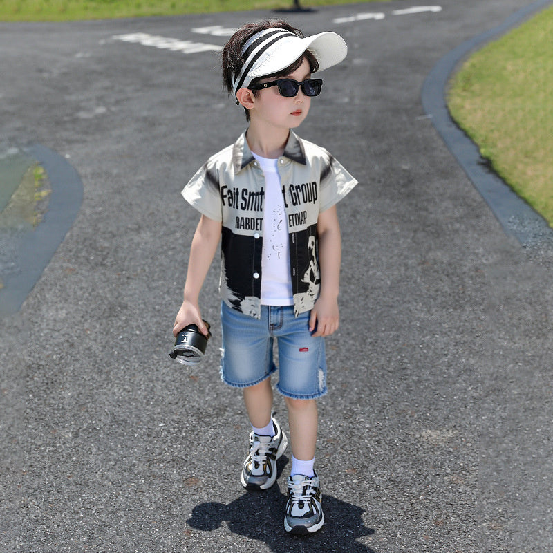 Outfit Children's Summer 2026 New Style Boys' Shadow Print Shirt Three-Piece Set Baby Short-Sleeve Clothes Trendy