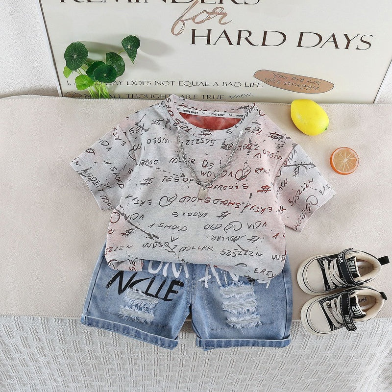 Boys' Short-Sleeve Suit 2026 New Summer Fashionable English Casual Two-Piece Outfit for Baby Boys Children's Clothing