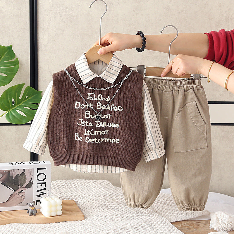 Boys' and Autumn Three-Piece Sweater Set, Children's Casual Long-Sleeve Clothing, Fashionable Spring Outfit for Kids