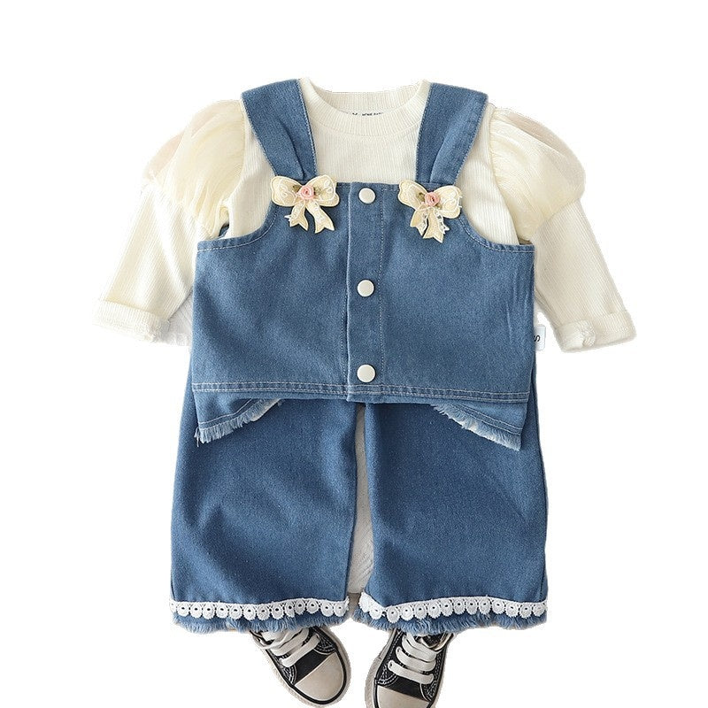 Girls' Spring and Autumn Outfit 2026 New Fashionable Infant Children's Clothing Baby Casual Denim Vest Three-Piece Set Trendy