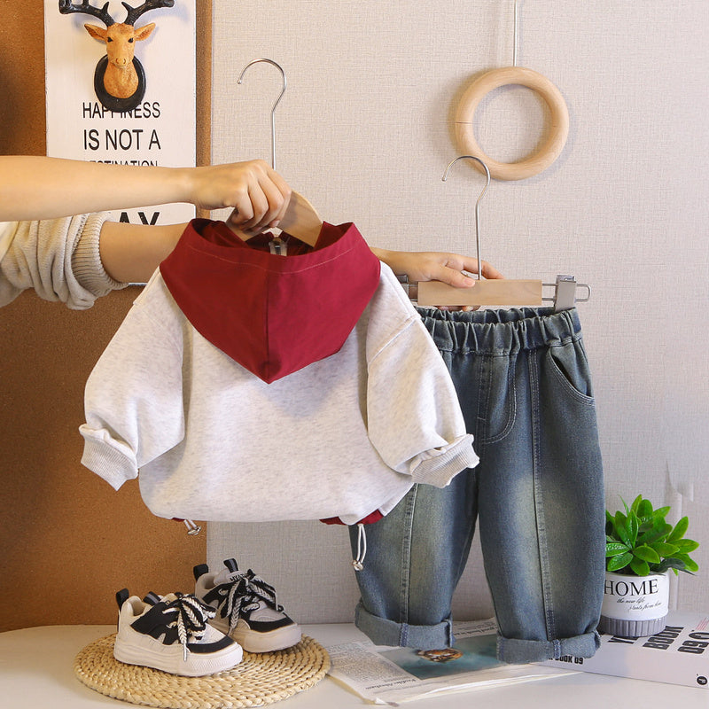 Boys' Outfit 2026 New Children's and Autumn Color-Block Sweatshirt Two-Piece Set Stylish Baby Spring Clothes