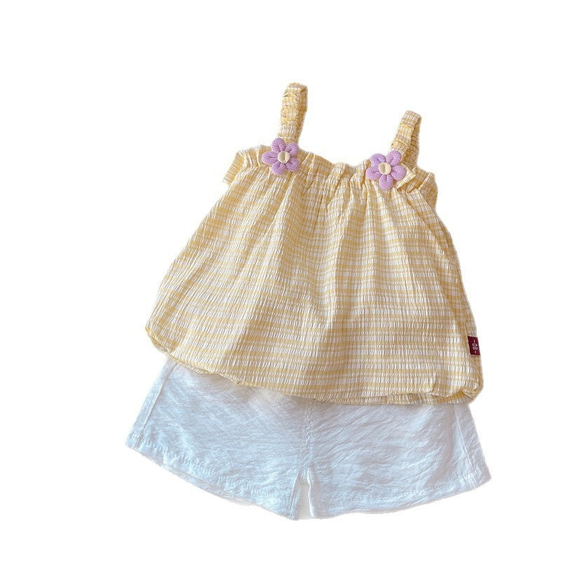 Girls' Outfit 2026 New Fashionable Floral Plaid Strap Dress Set Baby Summer Clothes Infant Korean Style