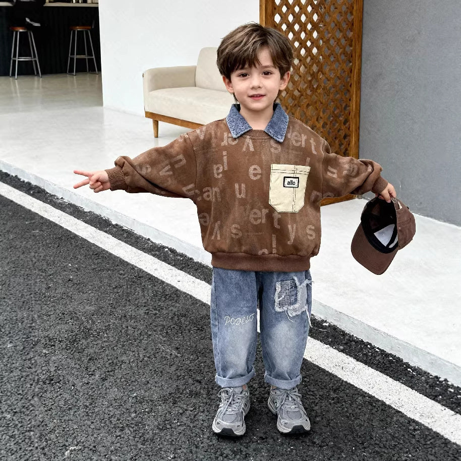 1-year-old boy's stylish spring sports outfit, trendy 3-piece baby spring/autumn full-print letter sweatshirt two-piece set for infants