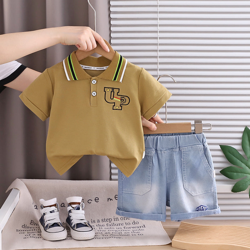 Boys' Outfit 2026 New Korean Style Children's Summer Thin Letter Print Shirt Two-Piece Set Trendy