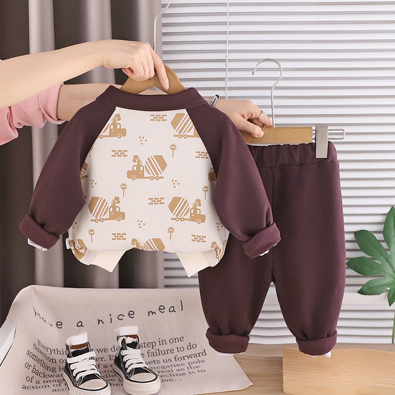 Boys' Outfit Set, Stylish Korean Version 2026 New Model, Children's Spring and Autumn Clothing, Little Dinosaur Color-Block Two-Piece Set for 1-5 Years Old