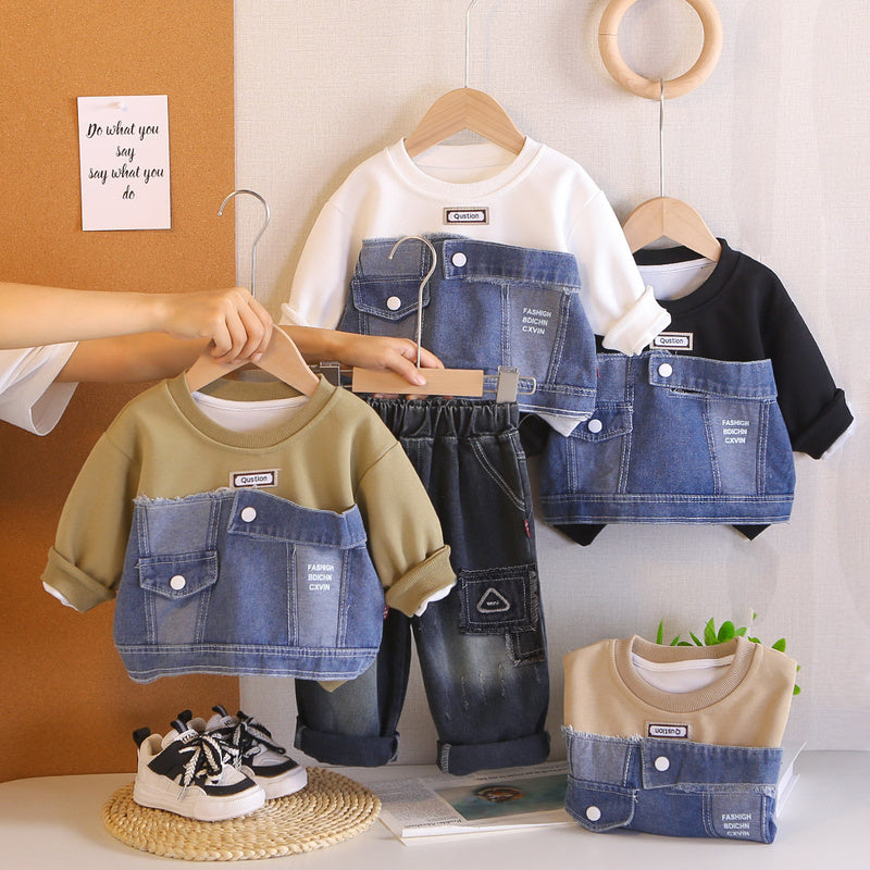 New Spring Autumn Outfit Boys: Korean-style Denim Patchwork Sweatshirt and Casual Stylish Jeans Two-piece Set for Kids