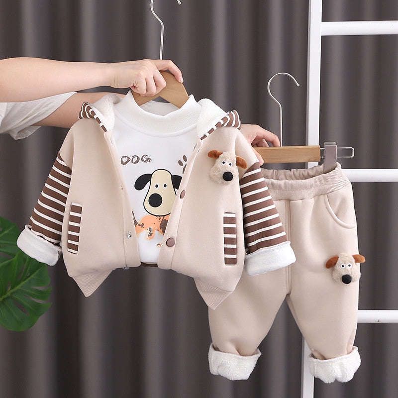 Boys' Autumn and Fleece-Lined Bag Dog Three-Piece Set New Baby Winter Warm Outfit Stylish Clothes Trendy Children's Clothing