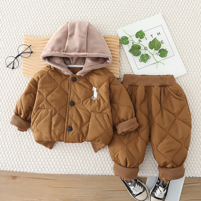Boys' Autumn-Winter Outfit 2026 New Cartoon Children's Fleece-Lined Jacket Two-Piece Set Baby Winter Clothes Trendy Wholesale
