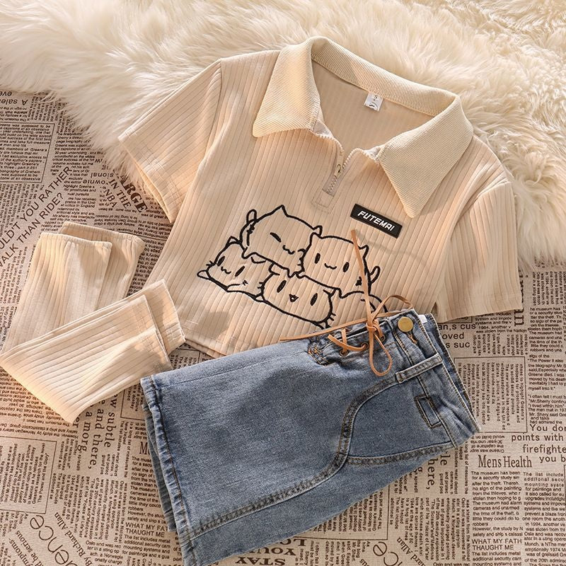Girls' Sweet Style Streetwear Set Summer 2024 New Short POLO Collar Top and Denim Skirt Trendy Outfit