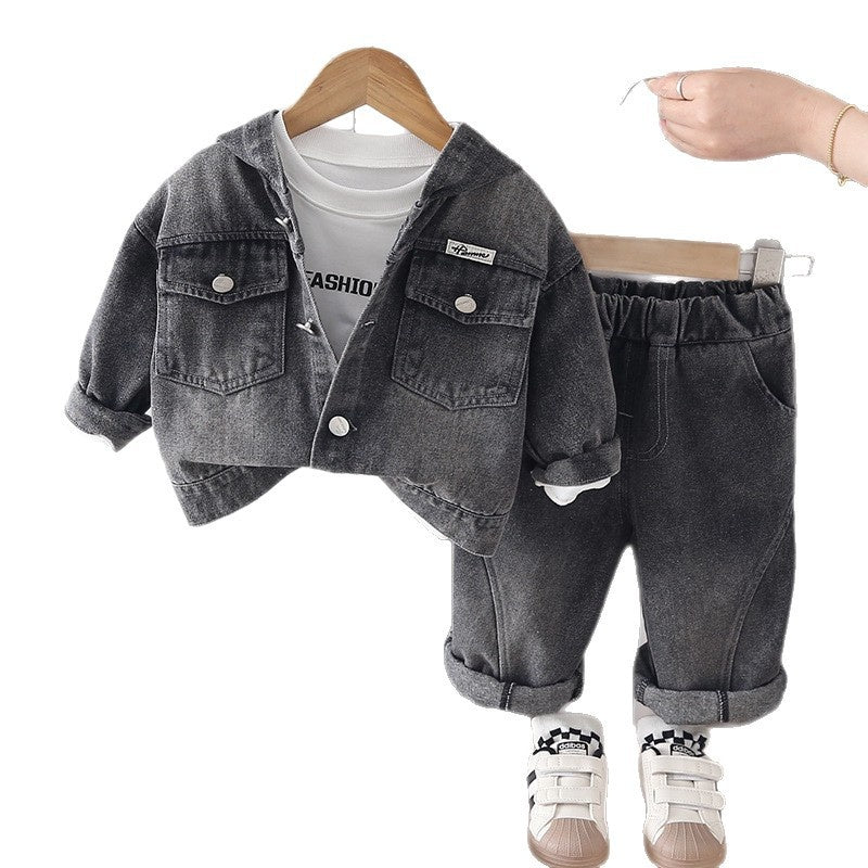 Boys' Outfit 2026 New Fashionable Casual Hooded Denim Three-Piece Set for Boys Spring and Autumn Trendy