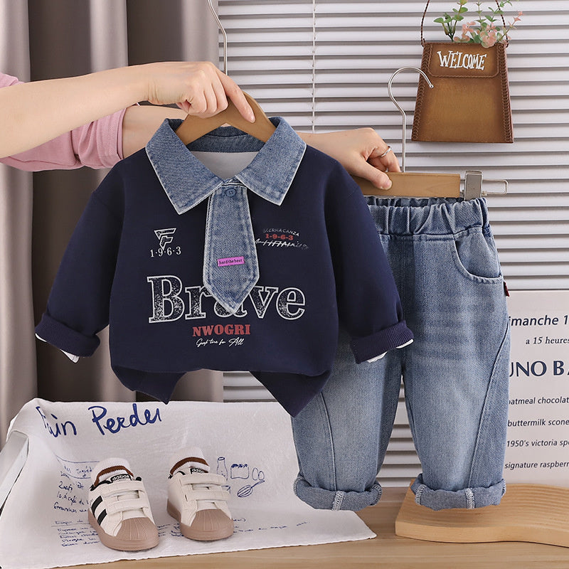 Boys' Suit 2026 New Spring and Style Children's Fashionable Baby Autumn Letter Denim Tie Two-Piece Set Trendy
