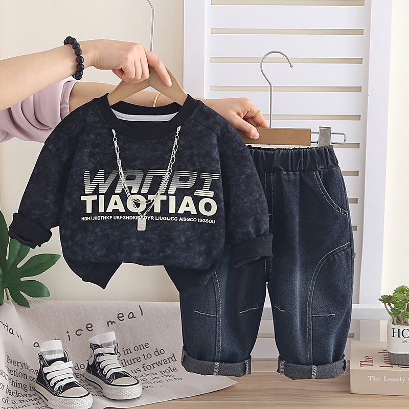 Baby Autumn Sweatshirt 2026 New Model Boys' Spring Long-Sleeve Letter Necklace Two-Piece Set for 1-3 Year Olds and 5-Year-Olds