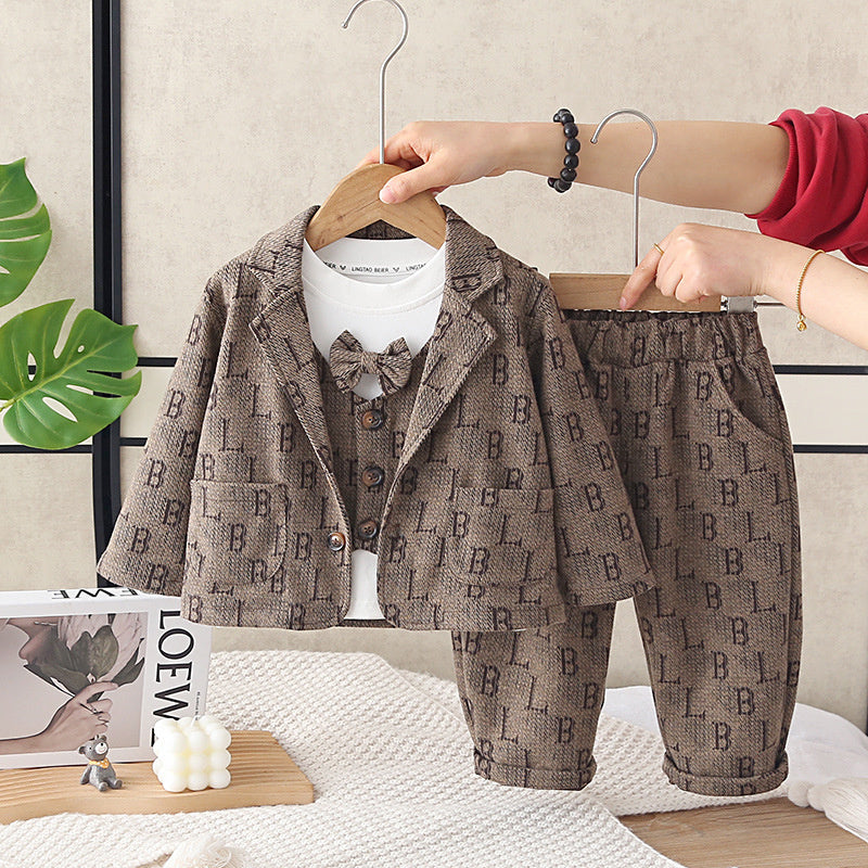 Boys' 2026 New Cool Stylish Children's Korean Version Full Letter Print Three-Piece Suit for Toddlers Spring and Autumn Trend