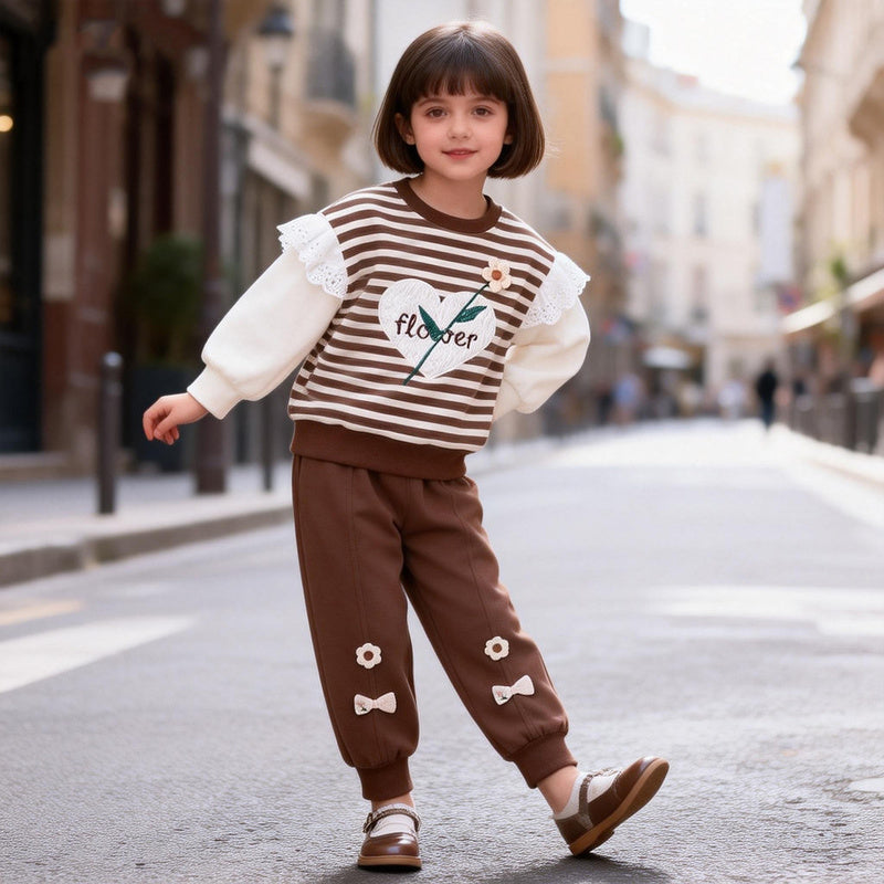 Girls' Striped Heart Flower Sweatshirt Set 2026 New Spring and Autumn Fashionable Baby Children's Casual Long Sleeve Two-Piece Outfit